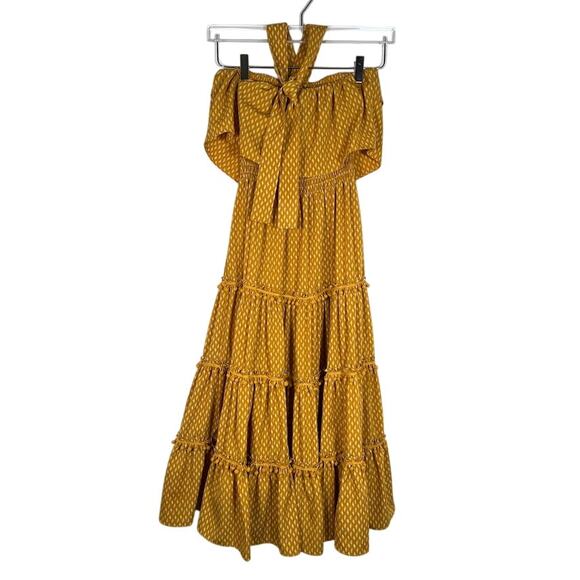 Sandro Paris Halter Tiered Midi Dress S Pom Pom Trim Marigold Block Print - Picture 3 of 8